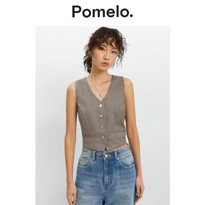 Pomelo 灰褐色休闲百搭短款V领马甲背心女
