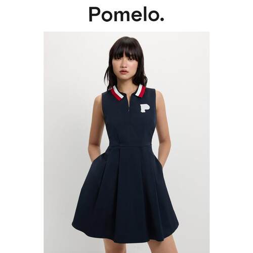 Pomelo 学院风藏青无袖短裙撞色Polo领收腰减龄小个子A字连衣裙女