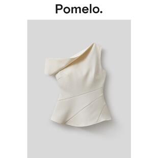 Pomelo 单肩翻折设计T恤不规则露肩收腰荷叶边气质名媛风T恤上衣