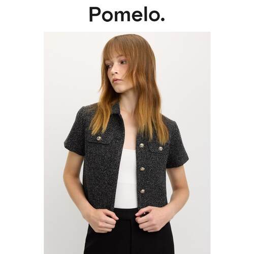 Pomelo 小香风黑银花呢外套短款短袖设计感气质通勤易搭外套上衣