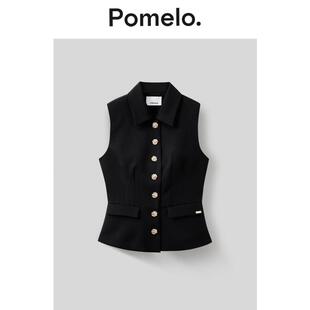 Pomelo 气质名媛风黑色马甲金属扣显瘦设计感小众马甲女