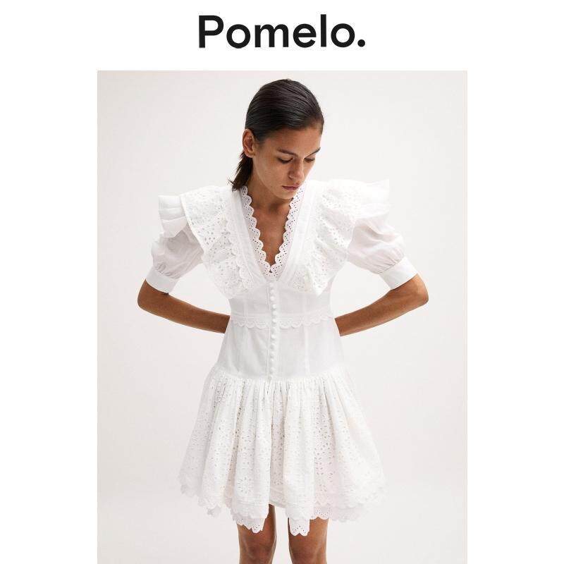 Pomelo 白色蕾丝连衣裙女法式V领荷叶边收腰小众设计感短款连衣裙