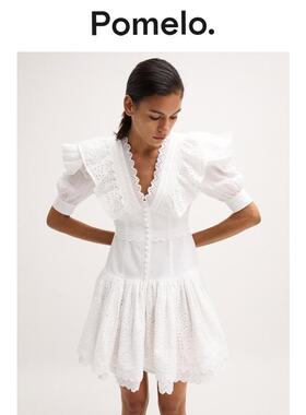 Pomelo 修身显瘦荷叶边蕾丝白色泡泡袖连衣裙女