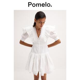 Pomelo 白色蕾丝连衣裙女法式V领荷叶边收腰小众设计感短款连衣裙