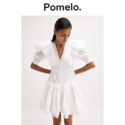 Pomelo 白色蕾丝连衣裙女法式V领荷叶边收腰小众设计感短款连衣裙