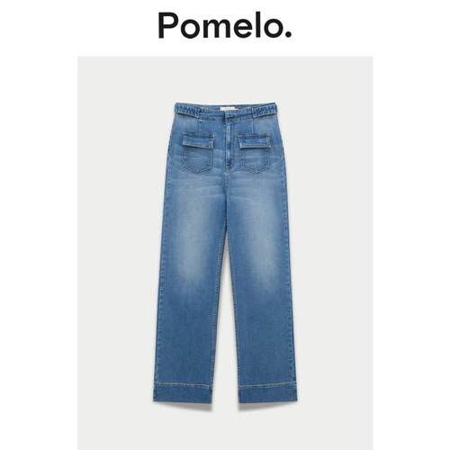 Pomelo小个子复古蓝牛仔裤高腰双口袋宽松显瘦阔腿牛仔裤女