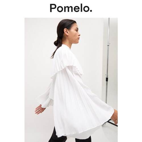 Pomelo 潮流白色荷叶边立领喇叭袖设计感小众通勤气质衬衫上衣
