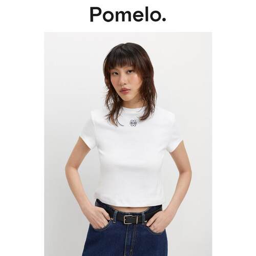 Pomelo 正肩短袖T恤女夏修身短款圆领小众刺绣设计感显瘦T恤