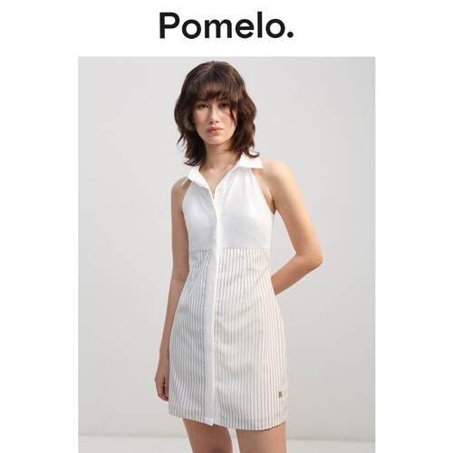 Pomelo 辣妹风白色条纹无袖纽扣吊带领设计迷你连衣裙