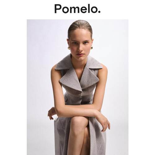 Pomelo 法式优雅风连衣裙女灰色翻领收腰气质显瘦背心裙女