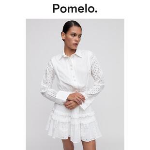 Pomelo高级感白色蕾丝衬衫裙翻领收腰显瘦小个子短款蛋糕裙连衣裙