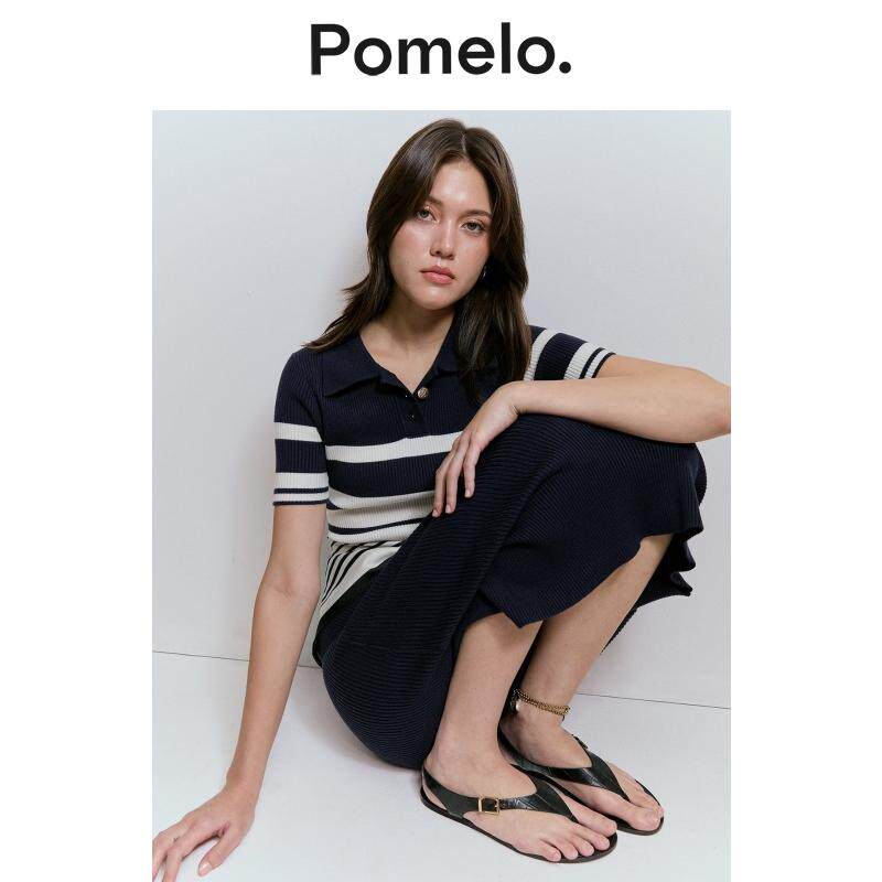 Pomelo 复古学院风藏青条纹裙polo领收腰显瘦气质针织连衣裙女