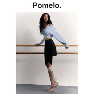 Pomelo 辣妹风黑色缎面短裙不规则飘带高腰显瘦半身裙女