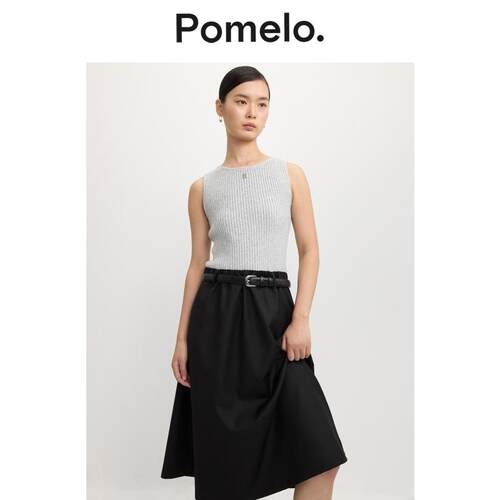 Pomelo 优雅简约浅灰色罗纹上衣腰带设计针织拼接连衣裙