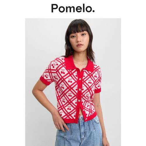 Pomelo甜辣风樱桃格纹针织衫POLO领开衫设计感减龄小个子短袖上衣
