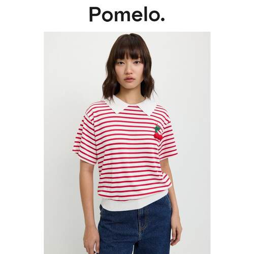 Pomelo 红白条纹新款樱桃刺绣减龄学院风polo领短袖T恤女