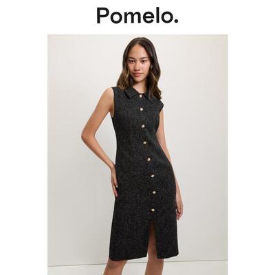 Pomelo 粗花呢小香风优雅气质前开叉设计中长款连衣裙女