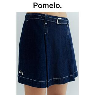 腰带设计明线高腰显瘦假两件a字短裙裤 Pomelo 通勤风牛仔裙裤