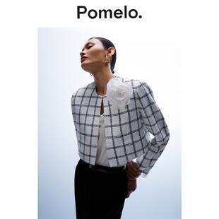 名媛风上衣 饰外套女早春白色格纹粗花呢短款 Pomelo 设计感花朵装