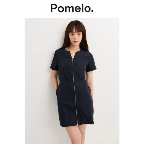 Pomelo 藏青前中拉链短裙女短袖 A 字版型显瘦通勤易搭连衣裙女