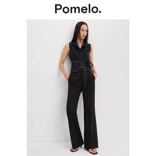 Pomelo 通勤风黑色明线背心女翻领绑带收腰显瘦干练外搭马甲女