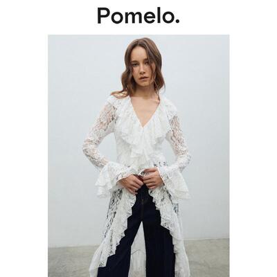 Pomelo 微透蕾丝长款荷叶边性感气质V领衬衫上衣女