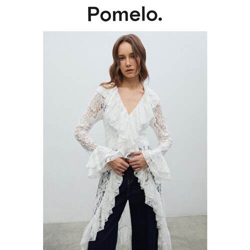 Pomelo 微透蕾丝长款荷叶边性感气质V领衬衫上衣女