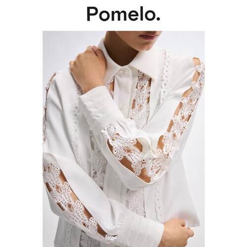 Pomelo 法式风白色蕾丝衬衣镂空拼接气质显瘦通勤长袖衬衫女