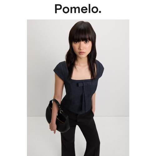 Pomelo 藏青方领蝴蝶结短袖女新款质感轻熟风显瘦短袖上衣女