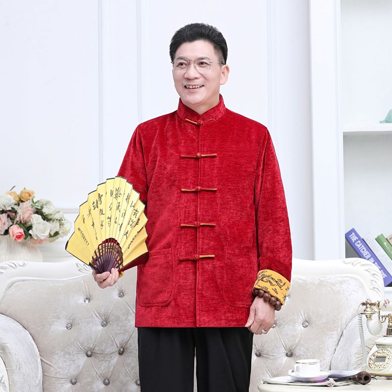 春秋季汉服唐装男加绒加厚翻父亲唐装
