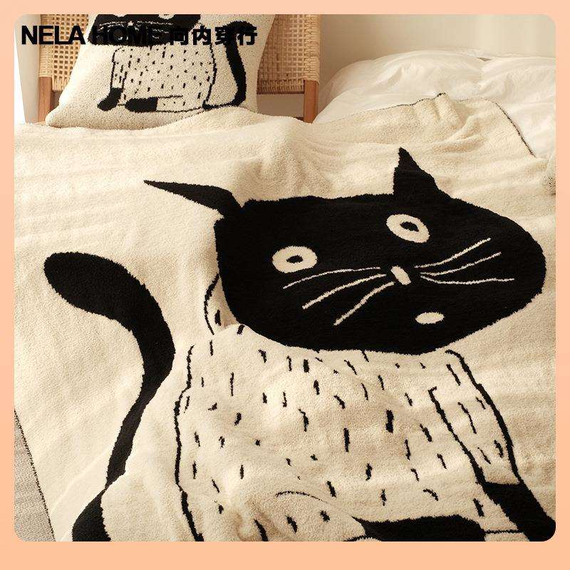 ฅO6AM 设计师双面大呆猫半边绒针织沙发毯子抱枕办公室午休毯
