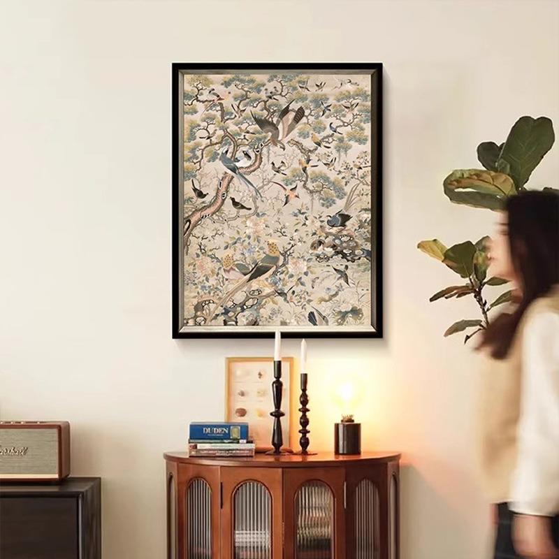 《花鸟祥和图》法式中古风餐厅装饰画新中式客厅挂画复古艺术国画