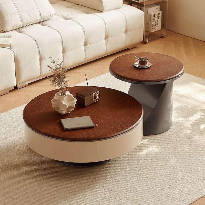 冬熊中古风胡桃色半岛圆形茶几组合现代简约轻奢客厅家用2024新款