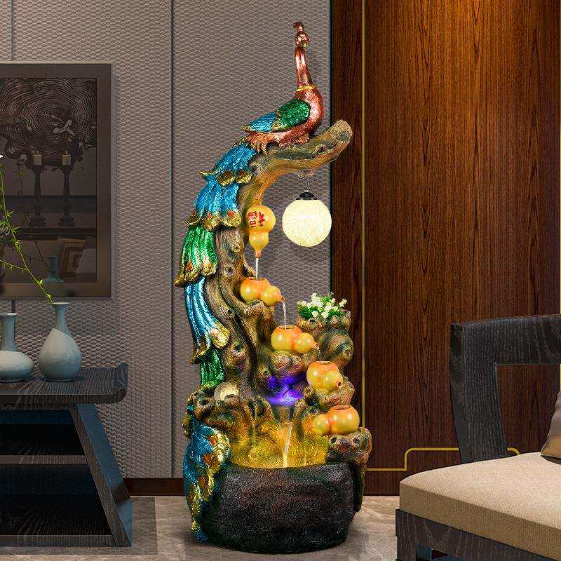 假山流水喷泉客厅加湿器家居装饰简约时尚办公室盆景孔雀落地摆件