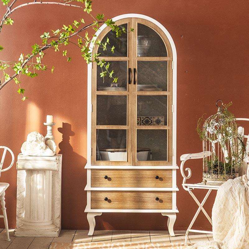 美式复古实木两门书柜置物柜带门客厅玻璃展示柜落地书橱靠墙家用