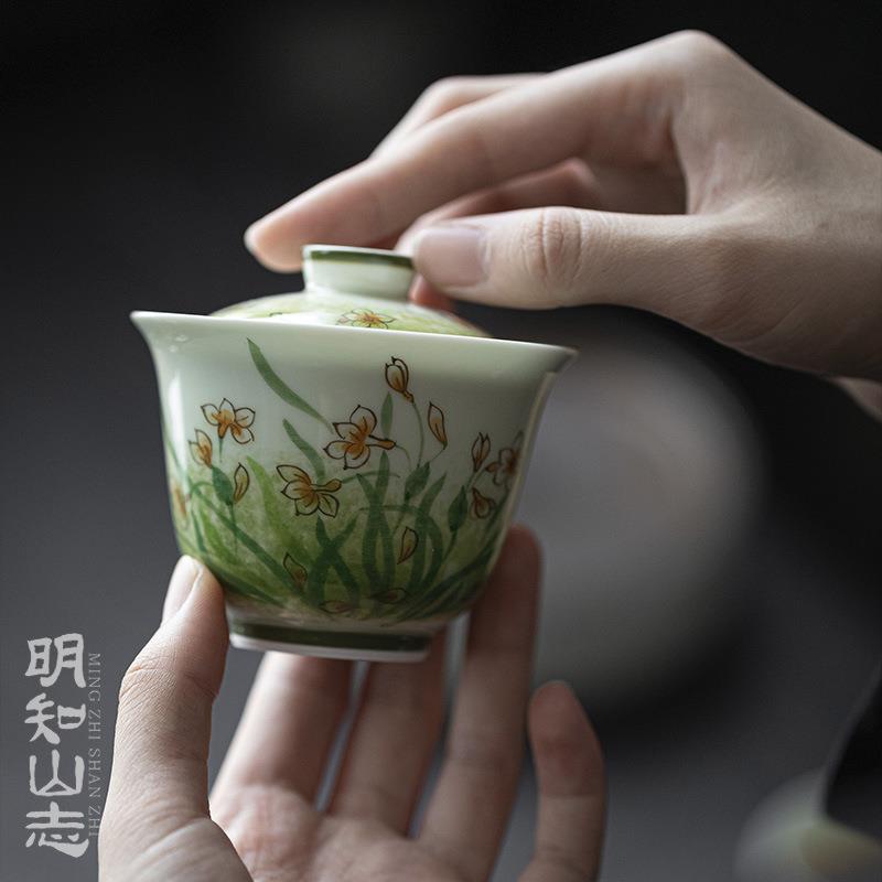 明知山志 果青含苞小花华初盖碗 手绘小花陶瓷盖碗家用文人器茶碗