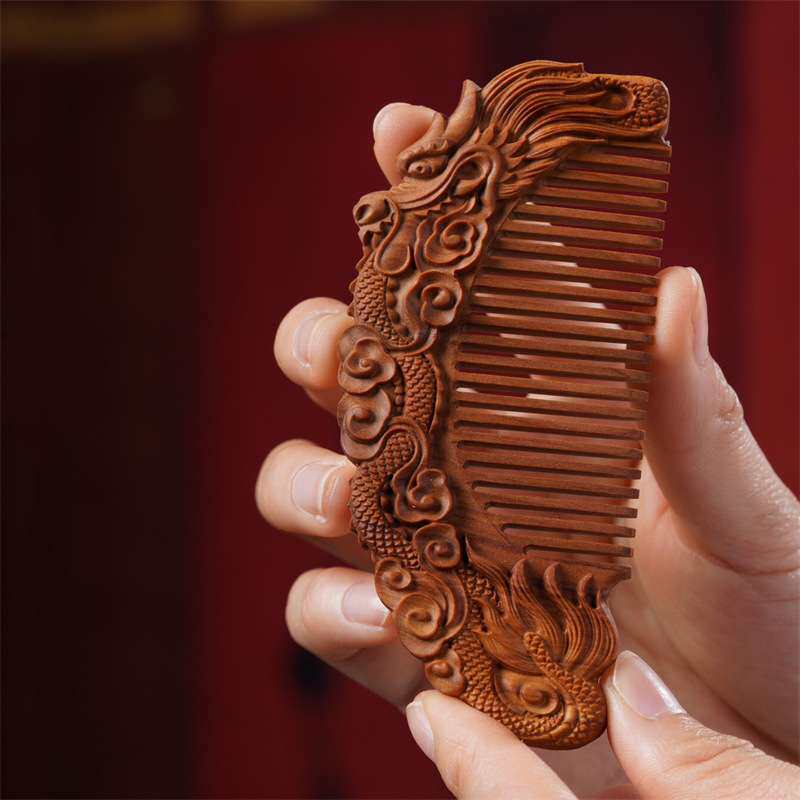 印度老山檀香龙凤木梳双面精工雕刻精美制作中国风木质工艺品
