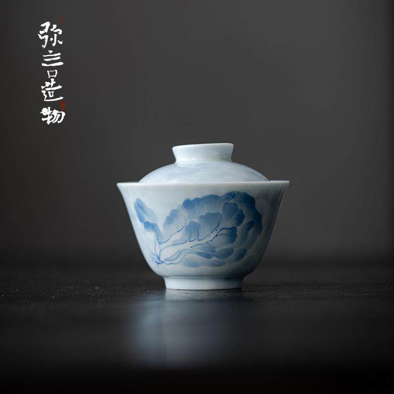 弥言白瓷青花手绘白菜盖碗纯手工白瓷泡茶碗茶杯整套不烫手泡茶器