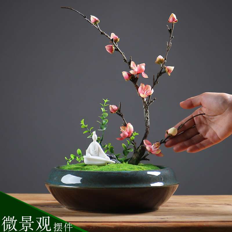 仿真梅花盆景摆件中式客厅博古架书柜办公桌陶瓷鹿工艺品禅意摆设
