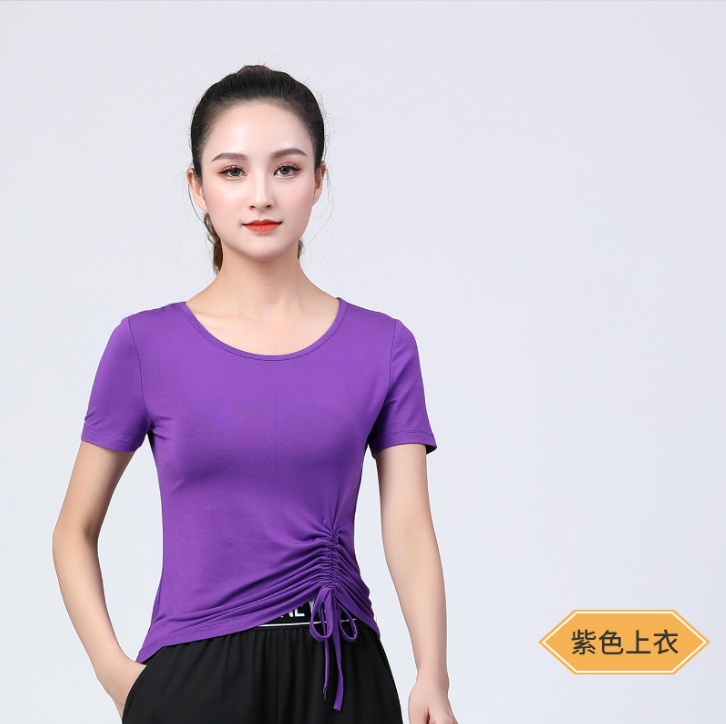 2025中老年广场舞服短袖显瘦抽绳上衣棉质紫色鬼步舞健身操跳舞服