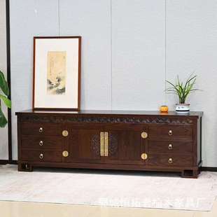 老榆木电视柜新中式客厅低柜全实木矮柜原木地柜复古雕花收纳厅柜