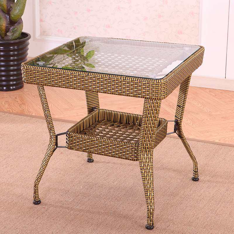 0A方形茶几阳台家用藤编钢化玻璃桌子休闲桌户外餐桌打牌编织洽谈