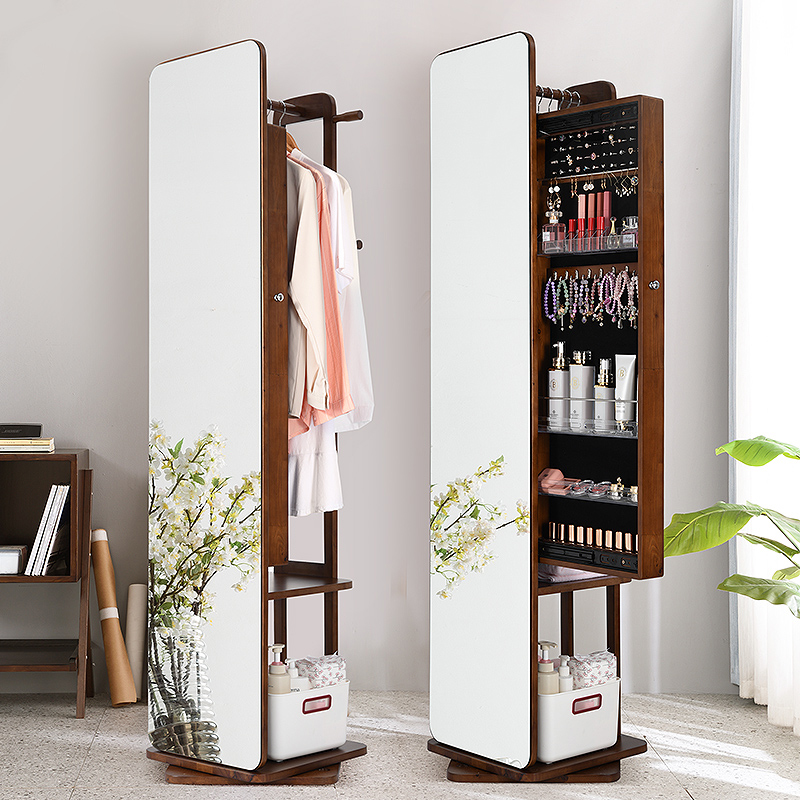 实木穿衣镜试衣镜子全身镜落地镜带化妆柜L挂衣架一体收纳卧室家