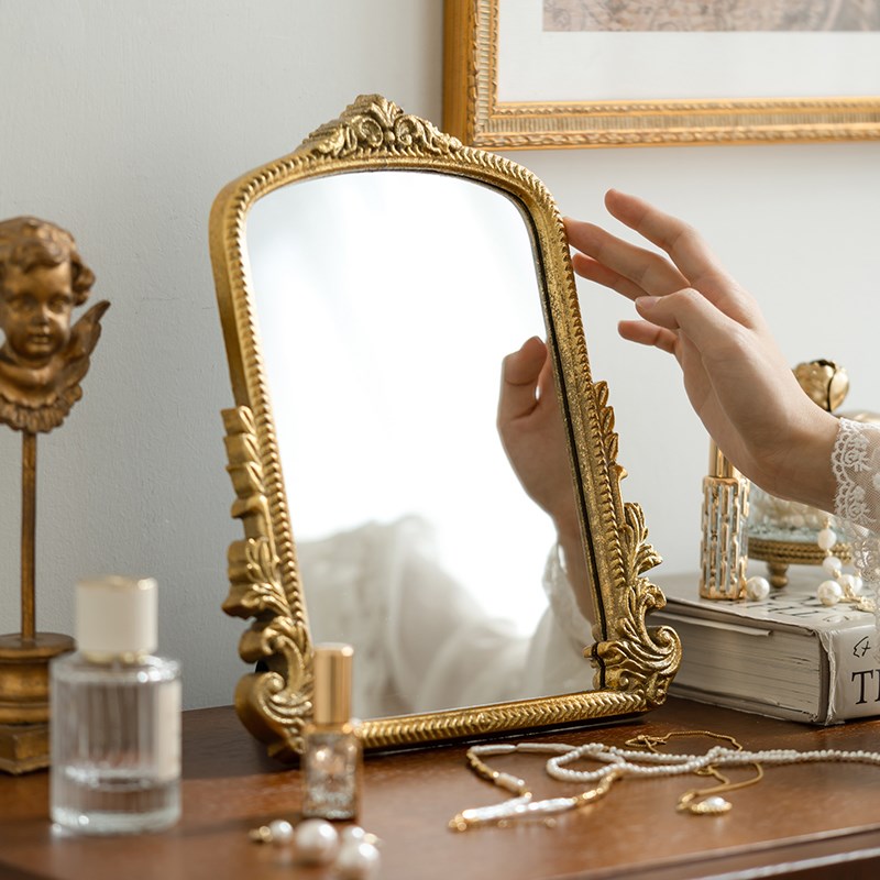 复古桌面台式化妆镜法式t壁挂装饰镜雕花镜子梳妆镜木质桌面镜