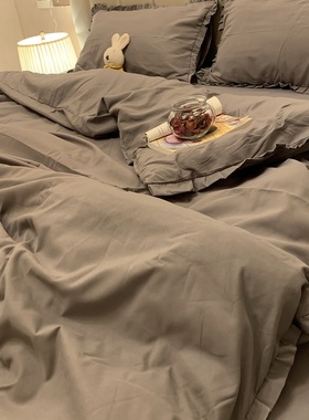 简约轻奢北欧风灰色花边四件套1.2m床单床笠O男女大学生宿舍三件