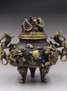 仿古纯黄铜五龙戏珠香薰炉三足双龙耳鼎炉线香檀香炉家居香炉