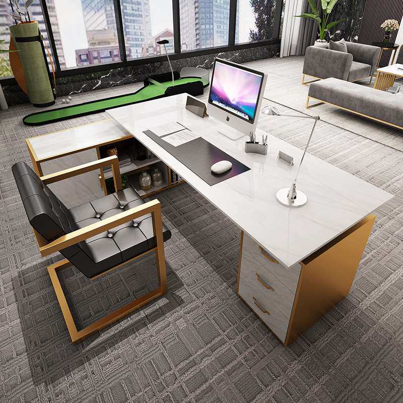北欧轻奢大理石总裁办公桌家用书房带柜子工作台单人台式电脑桌椅