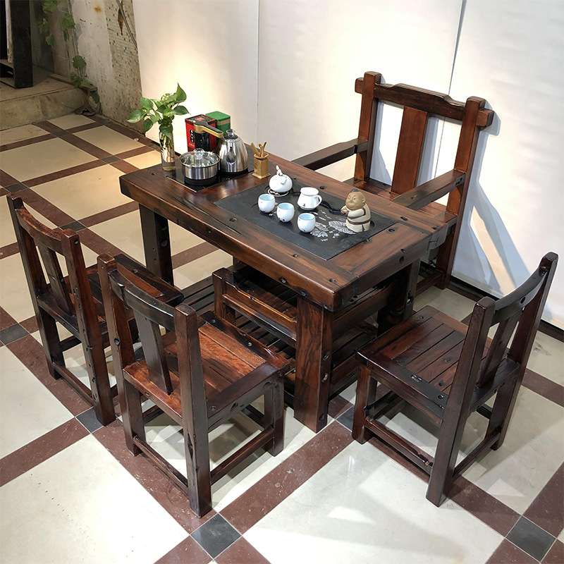 家用小茶台茶具套装烧水壶一体老船木地漏茶几茶桌椅组合中式实木