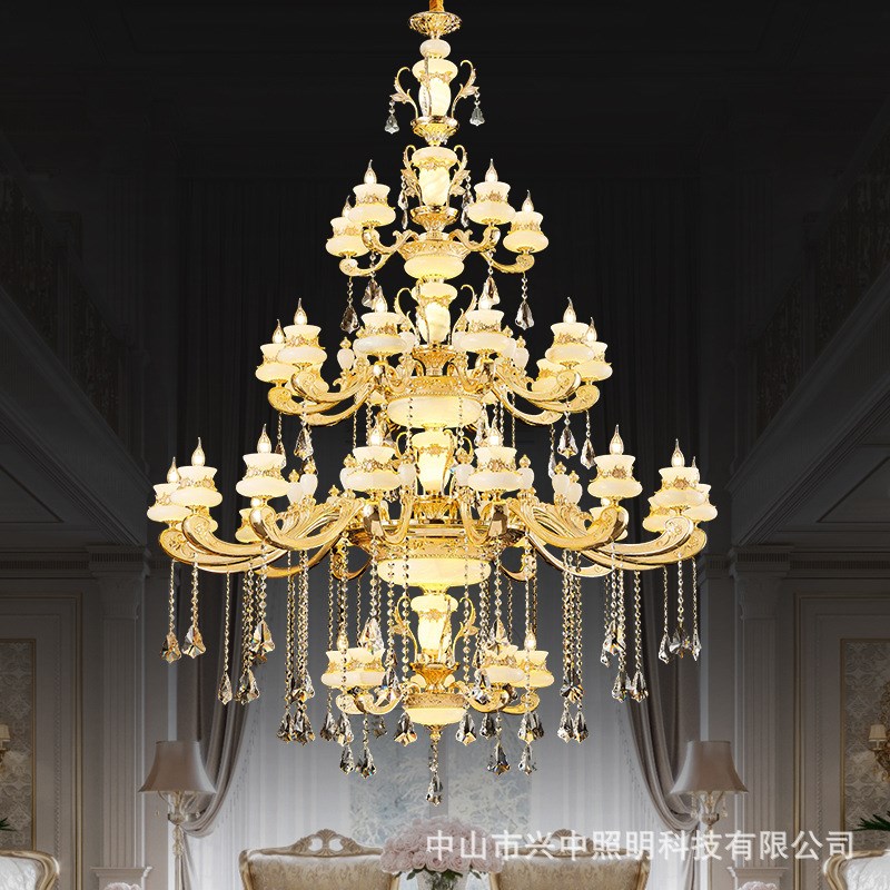 欧式客厅玉石吊灯复古别墅中空大厅灯轻奢水晶全铜餐Y厅卧室灯具