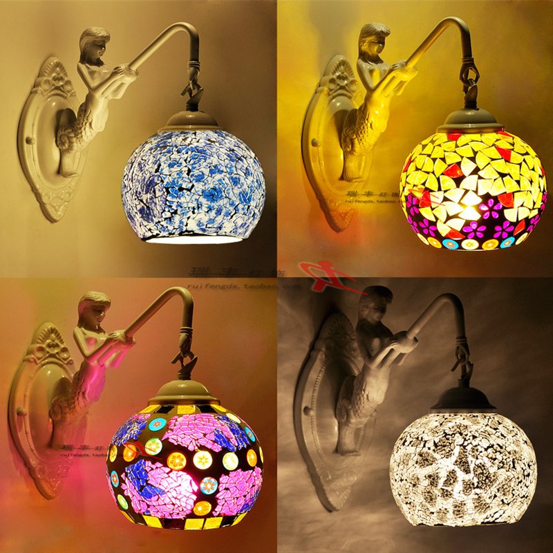 地中海白色美人鱼壁m灯欧式田园过道镜前灯简约现代酒吧卧室床头